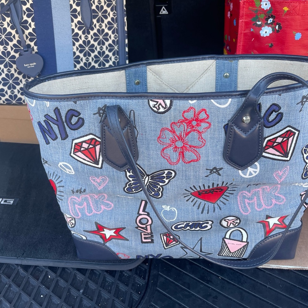 Mk Blue and Red Tote with Embroidered Designs